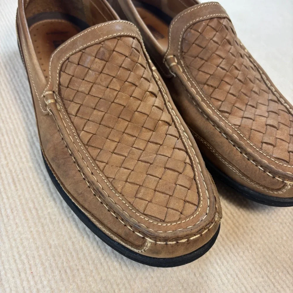 Johnston and‎ Murphy Mens 10M Tidwell Woven Leather Loafers Tan Brown JM Flex